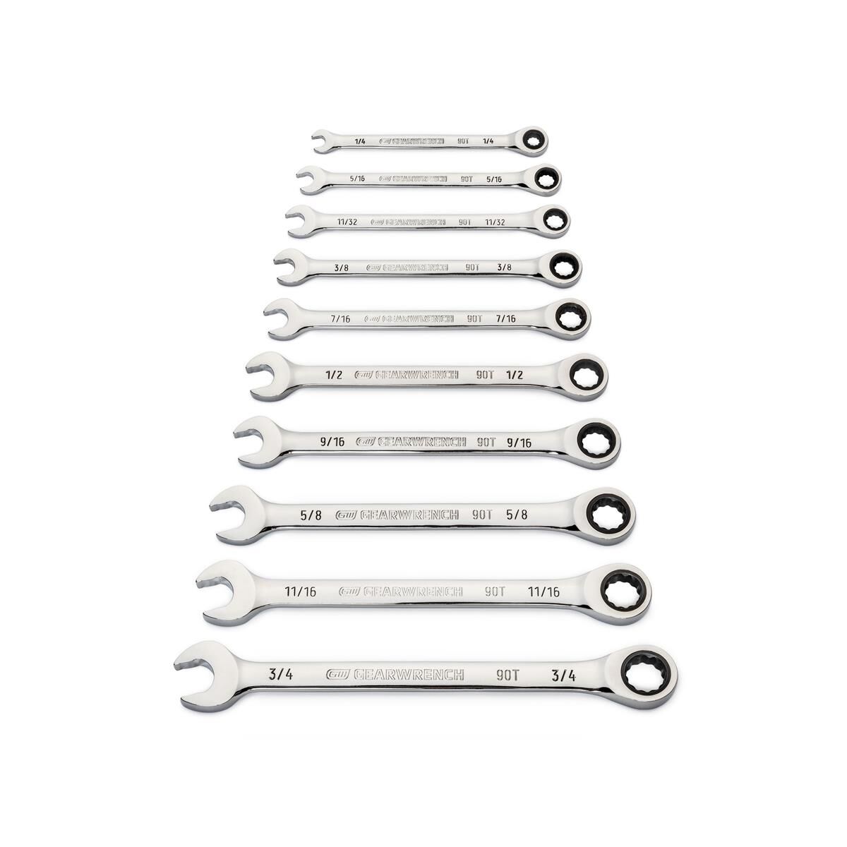 10 PIECE 90-TOOTH 12 POINT SAE COMBINATION RATCHETING WRENCH SET, , scaau_hi-res