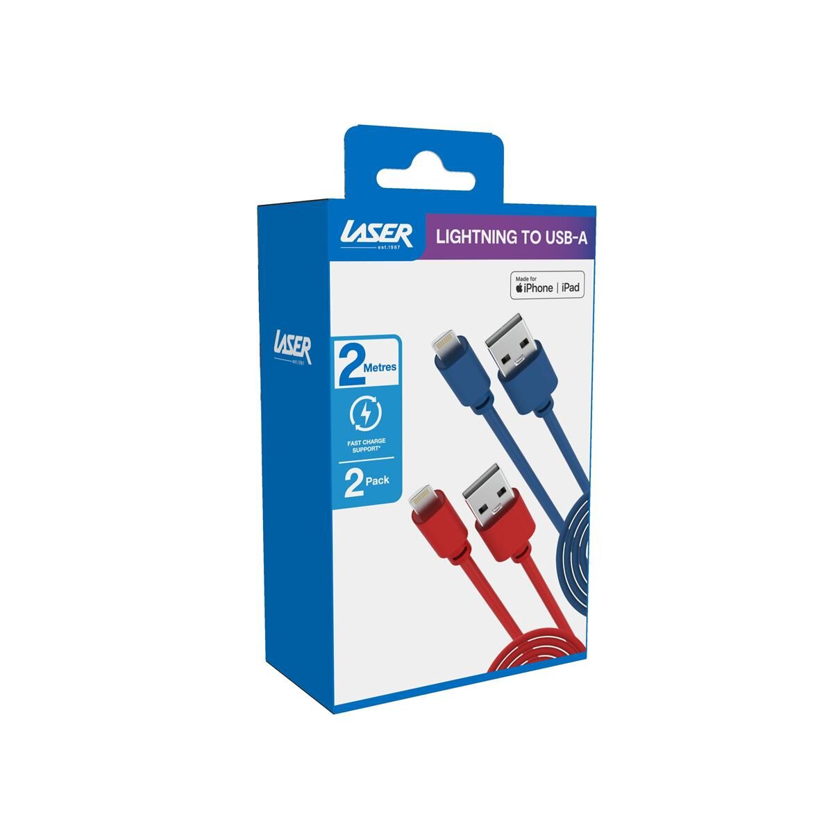LASER MFI LIGHTNING CABLE 2 PACK &ndash; RED/BLUE, 2M, FAST CHARGE & SYNC, , scaau_hi-res