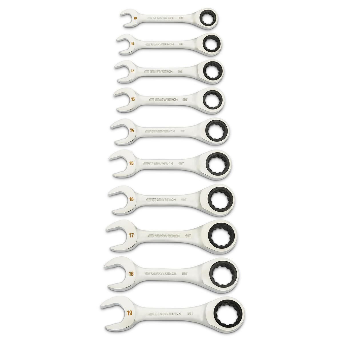 10 PIECE 90-TOOTH 12 POINT METRIC STUBBY RATCHETING COMBINATION WRENCH SET, , scaau_hi-res