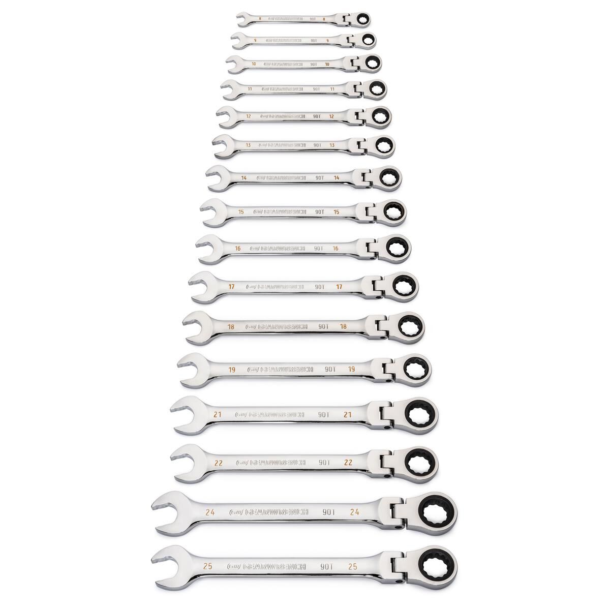 16 PIECE 90-TOOTH 12 POINT FLEX HEAD RATCHETING COMBINATION METRIC WRENCH SET, , scaau_hi-res