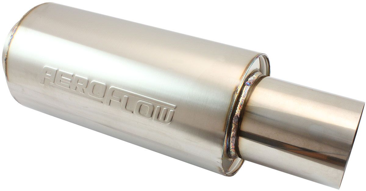 3.5" ROUND MUFFLER CENTRE 18" LENGTH 6" DIA 5" TIP S/S, , scaau_hi-res