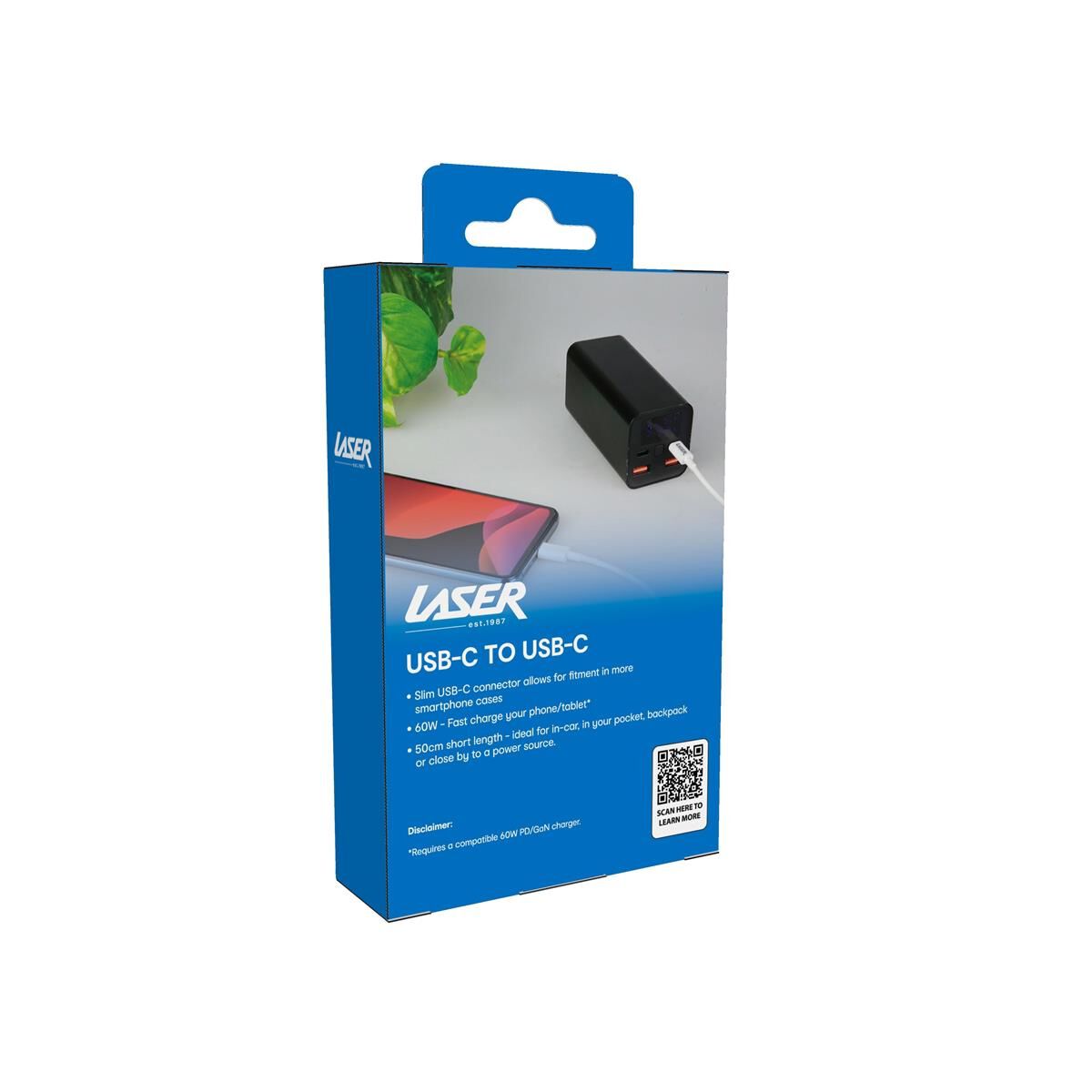 LASER 60W USB-C TO USB-C CABLE WHITE 0.5M &ndash; FAST CHARGE, DURABLE, HIGH-SPEED DATA TRANSFER, , scaau_hi-res