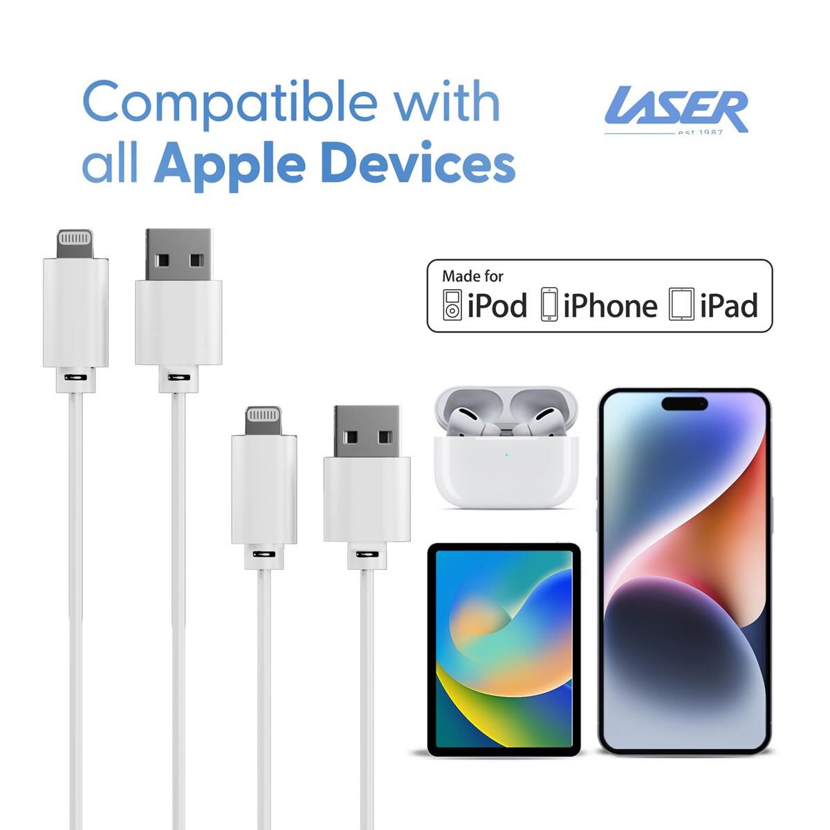 LASER MFI LIGHTNING CABLE 2 PACK &ndash; 2M, FAST CHARGE, APPLE CERTIFIED, WHITE, , scaau_hi-res