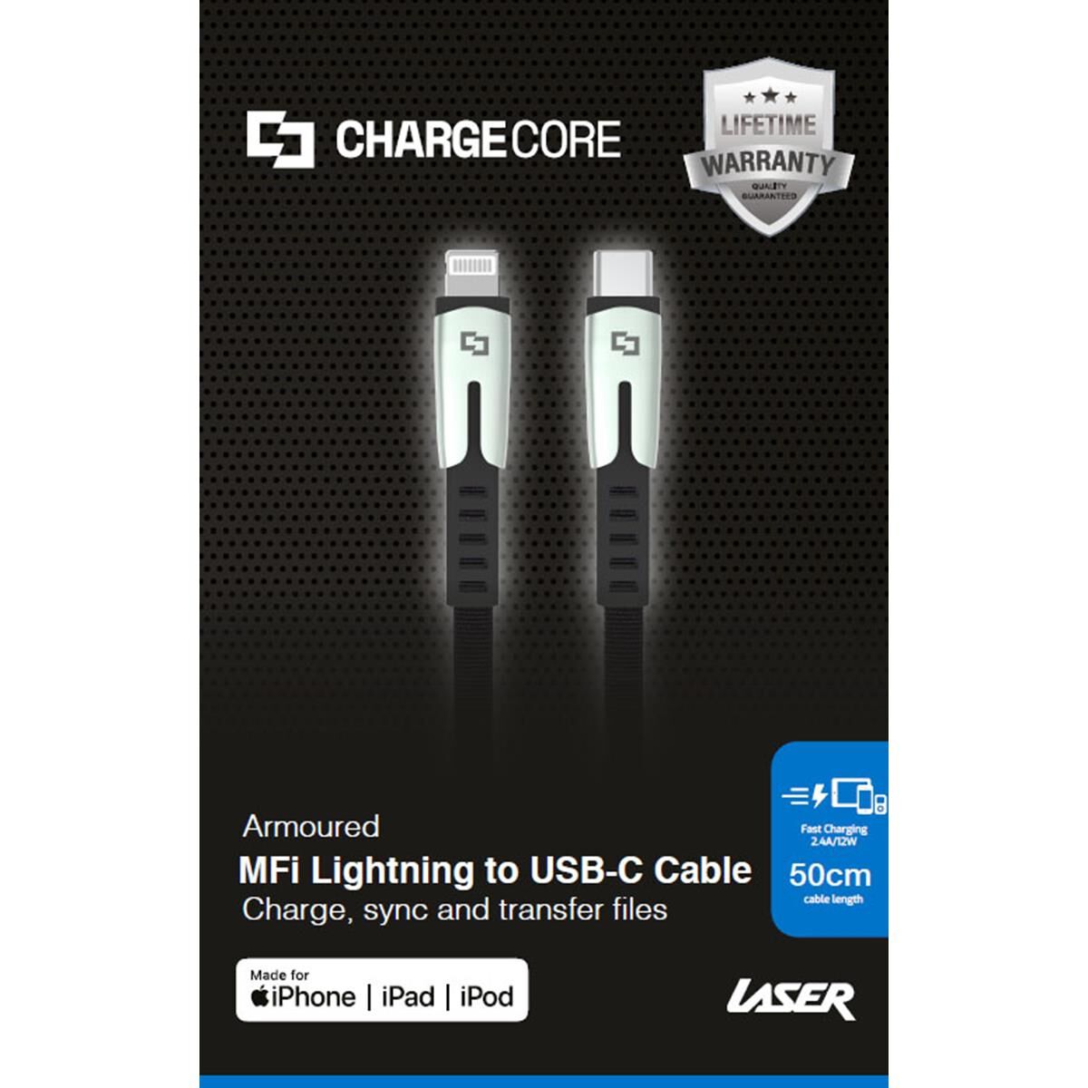LASER CHARGECORE MFI LIGHTNING TO USB-C CABLE 0.5M &ndash; FAST CHARGE, BRAIDED, DURABLE, , scaau_hi-res