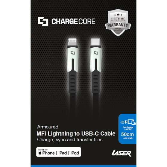 LASER CHARGECORE MFI LIGHTNING TO USB-C CABLE 0.5M – FAST CHARGE, BRAIDED, DURABLE, , scaau_hi-res