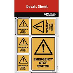 HEALTH & SAFETY EMERGENCY STOP SWITCH YELLOW WARNING SIGNS DECAL SHEET, , scaau_hi-res