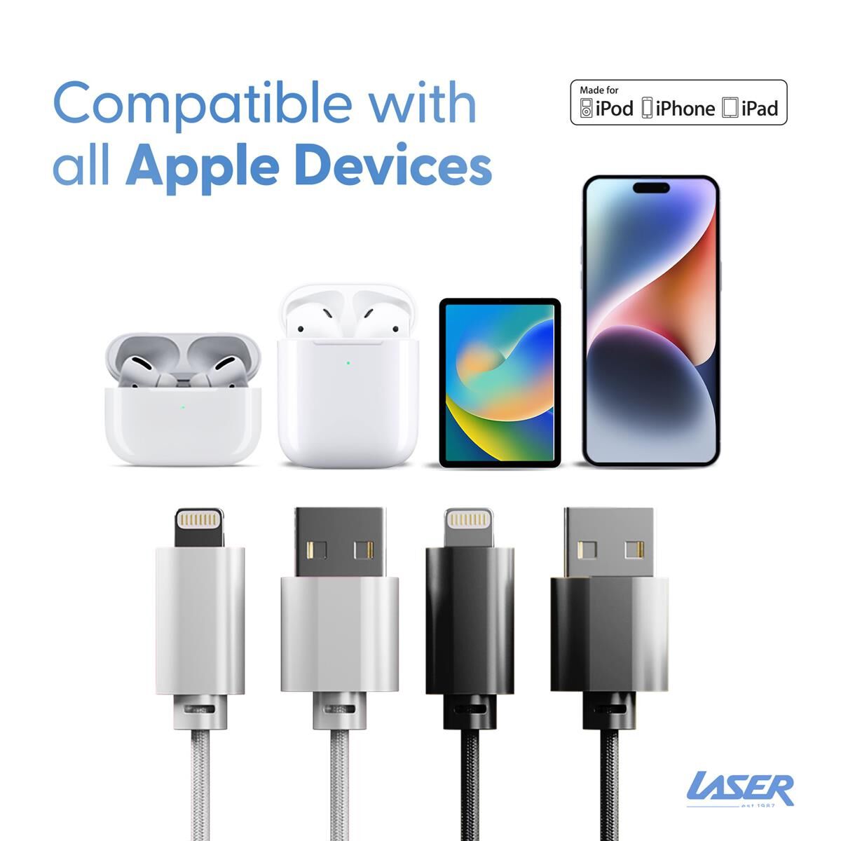 LASER MFI LIGHTNING TO USB-A CABLE 2 PACK &ndash; 2M, NYLON BRAIDED, FAST CHARGE, SILVER/BLACK, , scaau_hi-res