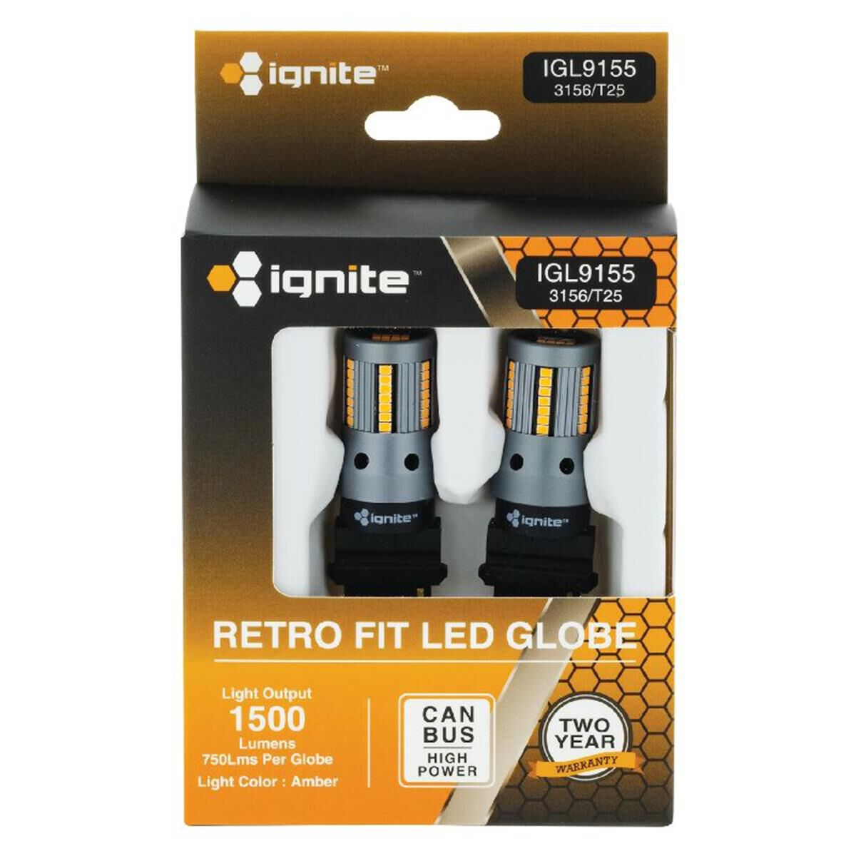 PKT 2 LED SIGNALLING GLOBE12v 3156 BASE CANBUS AMBER1500 LUMENS, , scaau_hi-res