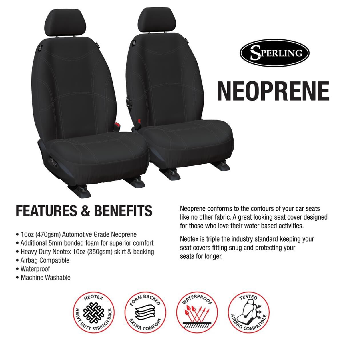 GETAWAY NEOPRENE READY MADE SEAT COVERS - FRONT WITH BLACK/SILVER STITCH, SUITS TOYOTA PRADO, , scaau_hi-res