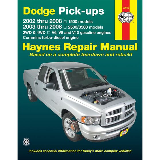 DODGE FULL-SIZE PICK-UPS HAYNES REPAIR MANUAL INCLUDES 1500 MODELS (2002-2008) & 2500/3500 MODELS (2003-2008)  WITH V6, V8 AND V10 GASOLINE AND CUMMINS TURBO-DIESEL ENGINES, 2WD & 4WD (EXCLUDES INFORMATION SPECIFIC TO SRT-10 MODELS), , scaau_hi-res