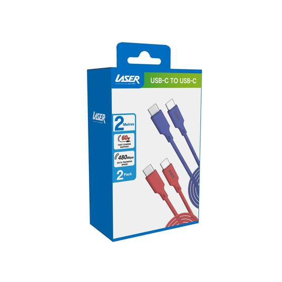 LASER 60W USB-C TO USB-C CABLE RED/BLUE 2 PACK 2M | FAST CHARGE & DURABLE, , scaau_hi-res