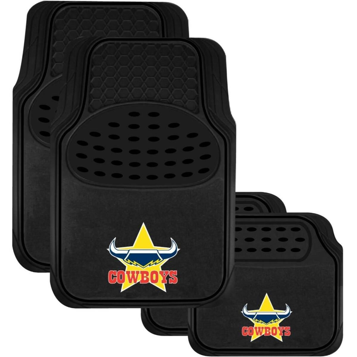 NRL FLOOR MATS - NORTH QUEENSLAND COWBOYS - COMBO RUBBER/CARPET, BLACK, SET OF 4 - CMNRL-COW22, , scaau_hi-res