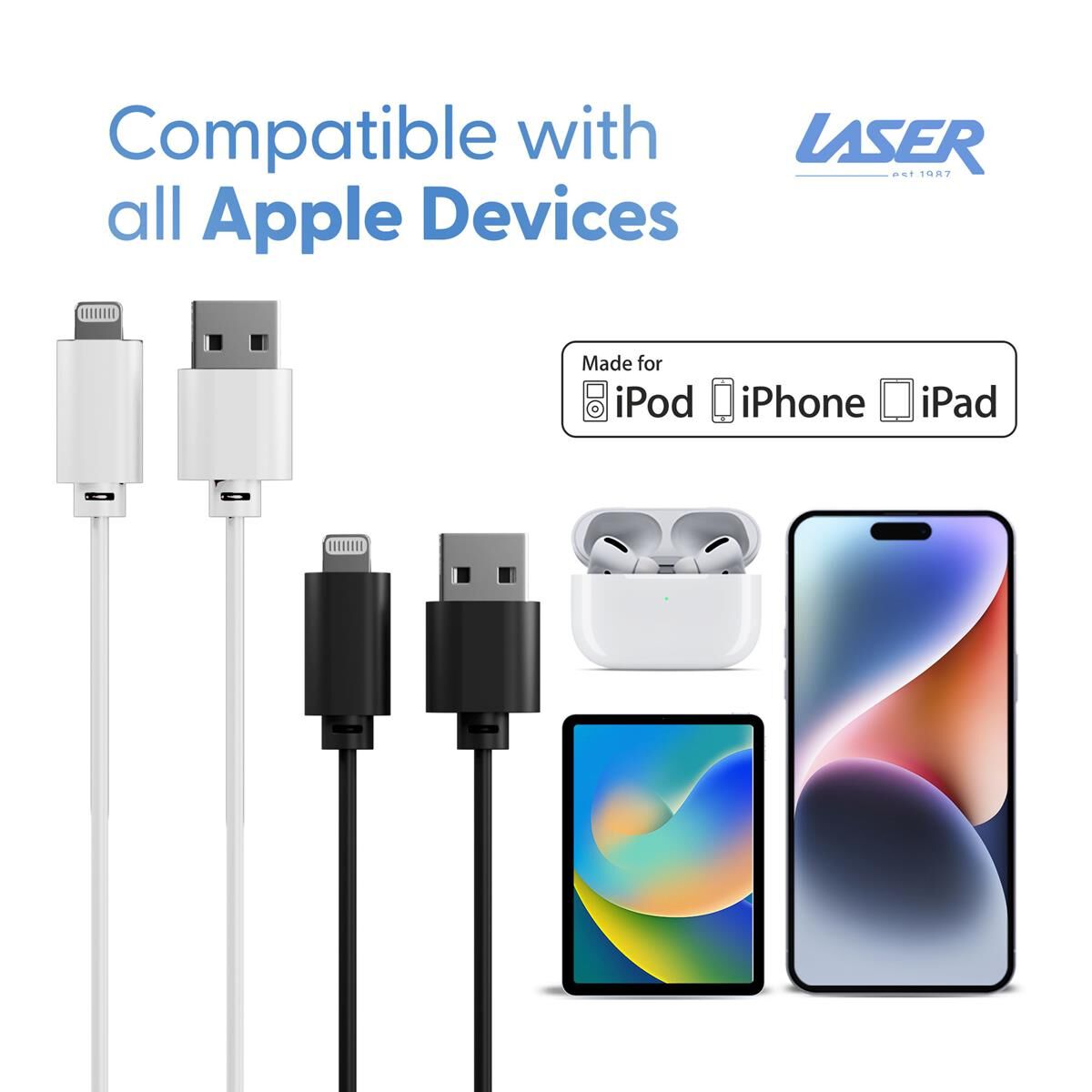 LASER MFI LIGHTNING CABLE 2 PACK &ndash; WHITE/BLACK, 2M, FAST CHARGE & DURABLE DESIGN, , scaau_hi-res
