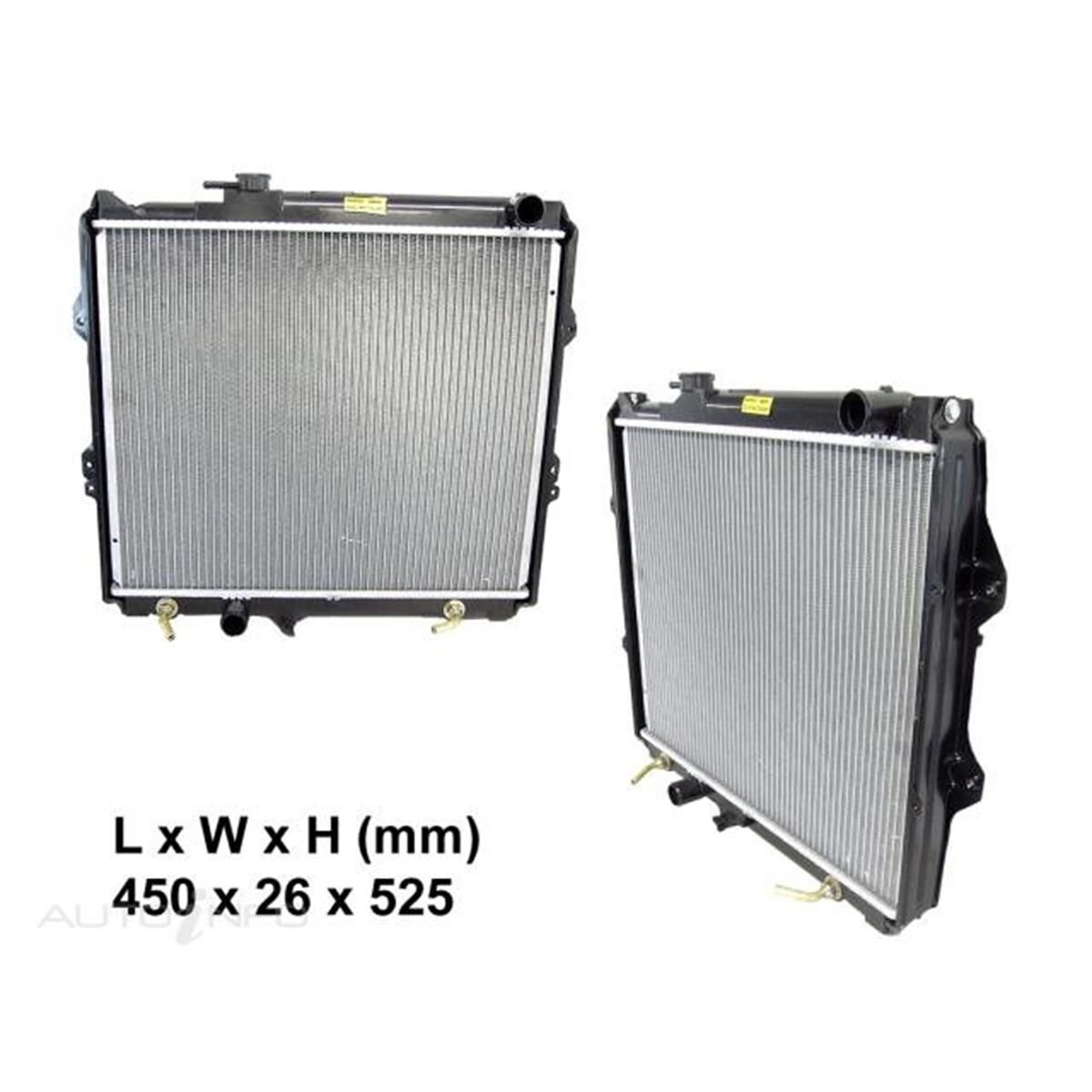 TOYOTA HILUX  RZN147/RZN169/RZN150  10/1997 ~ 03/2005  RADIATOR  2.7 LITRE INLINE 4 PETROL AUTOMATIC- (3RZFE)  CORE SIZE: 525MM X 450MM X 26MM (MEASURE TANK TO TANK FIRST, LENGTH AND THEN THICKNESS), , scaau_hi-res