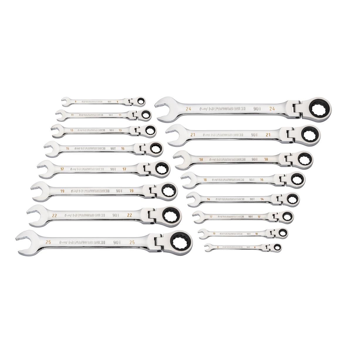 16 PIECE 90-TOOTH 12 POINT FLEX HEAD RATCHETING COMBINATION METRIC WRENCH SET, , scaau_hi-res