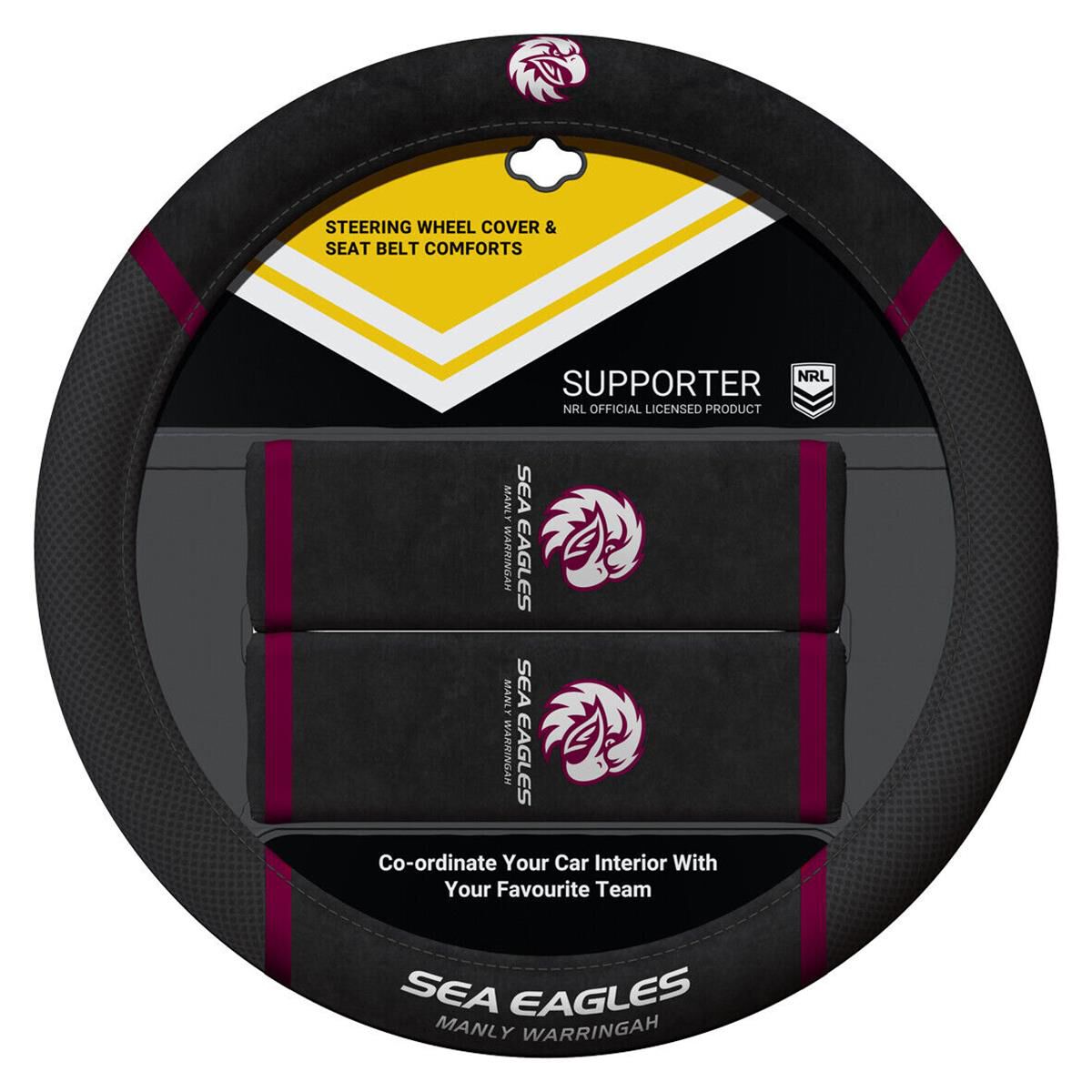NRL STEERING WHEEL COVER AND SEAT BELT BUDDIES - SEA EAGLES, 380MM DIAMETER (NEW LOGO), , scaau_hi-res