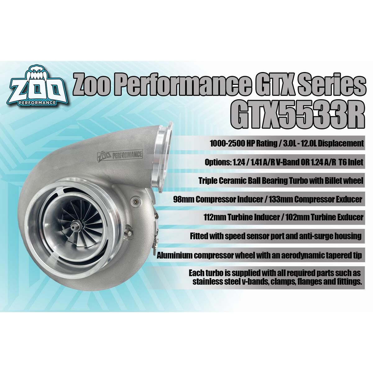 GTX55 SERIES 98MM TURBO 2500HP 1.24 A/R V-BAND INLET, , scaau_hi-res