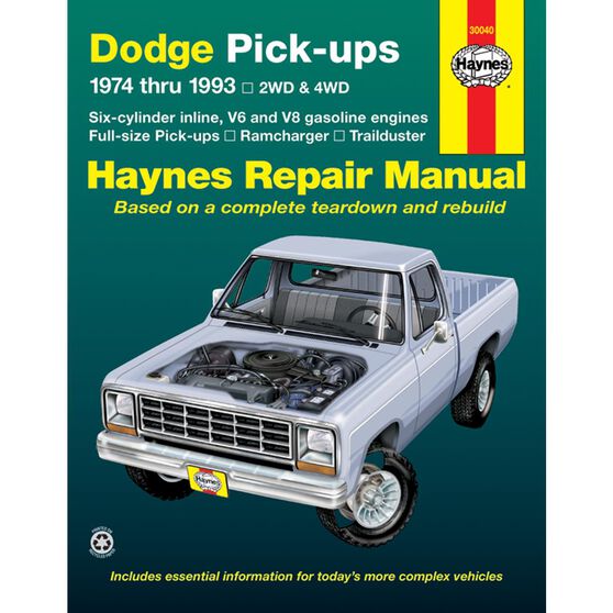 DODGE FULL-SIZE PICK-UPS HAYNES REPAIR MANUAL FOR 1974 THRU 1993 COVERING RAMCHARGER AND TRAILDUSTER (WITH GASOLINE ENGINES ONLY), , scaau_hi-res