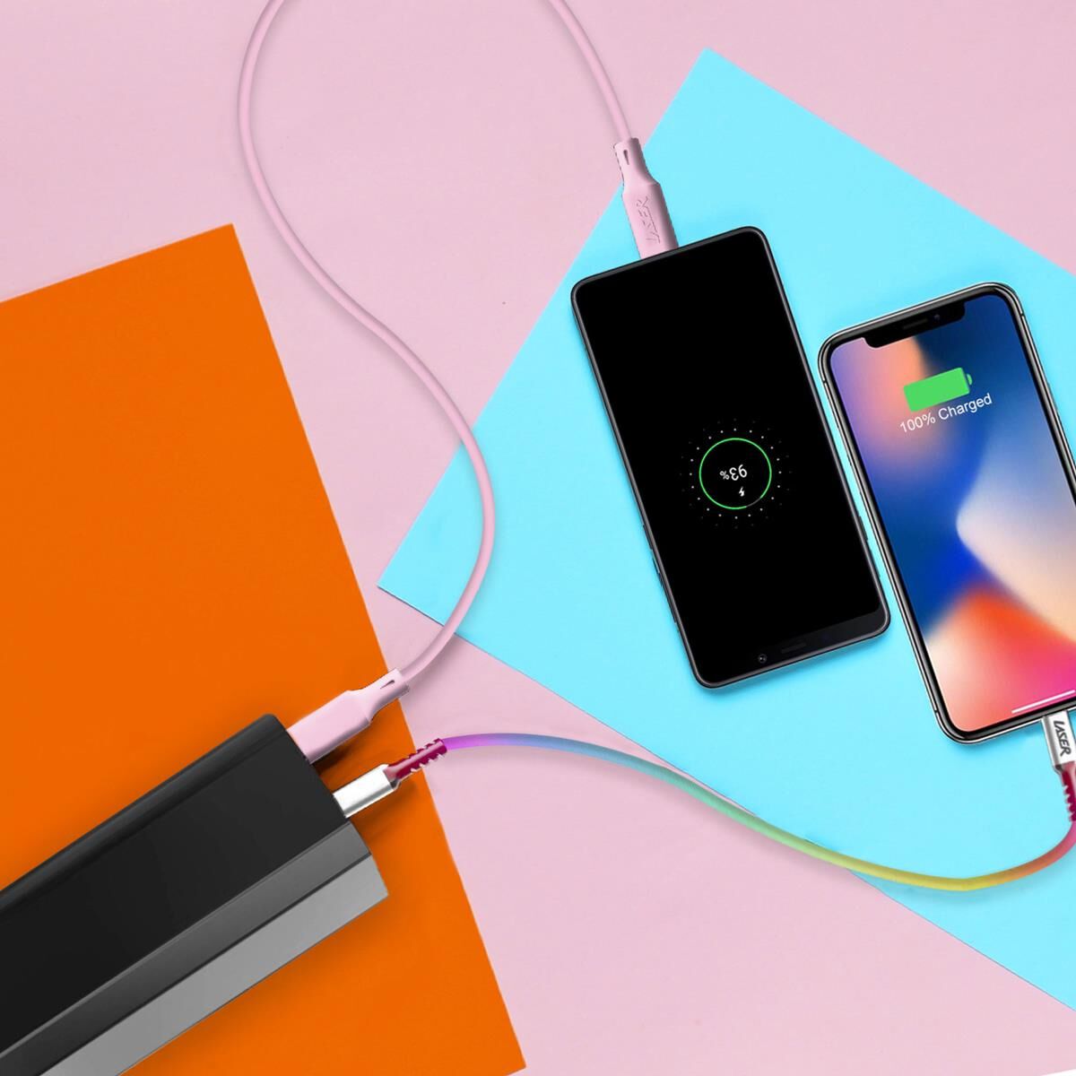 LASER 1M USB-C TO USB-C CHARGING CABLE 2 PACK &ndash; 60W FAST CHARGE, DATA SYNC, RAINBOW PINK, , scaau_hi-res
