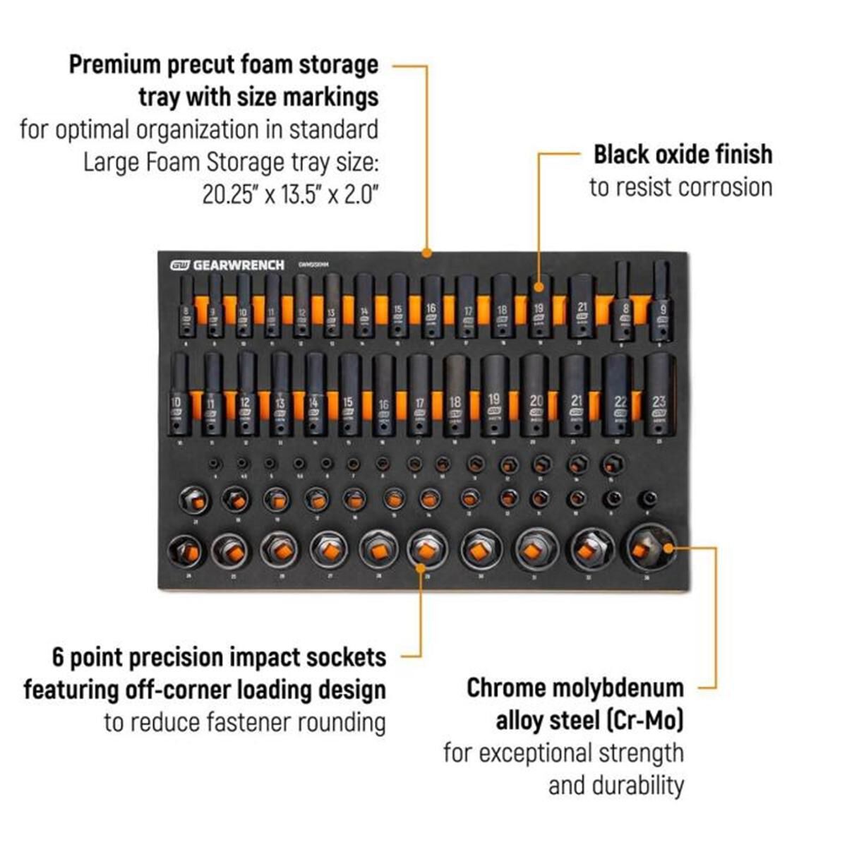 66 PIECE 1/4&rdquo;, 3/8&rdquo;, 1/2&rdquo; DRIVE 6 POINT METRIC IMPACT SOCKET SET IN FOAM STORAGE TRAY, , scaau_hi-res