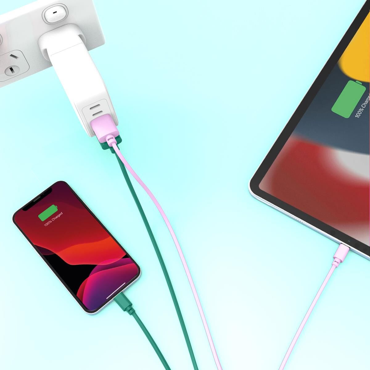 LASER MFI LIGHTNING CABLE 2 PACK &ndash; PINK/GREEN, 2M, FAST CHARGE & SYNC, , scaau_hi-res