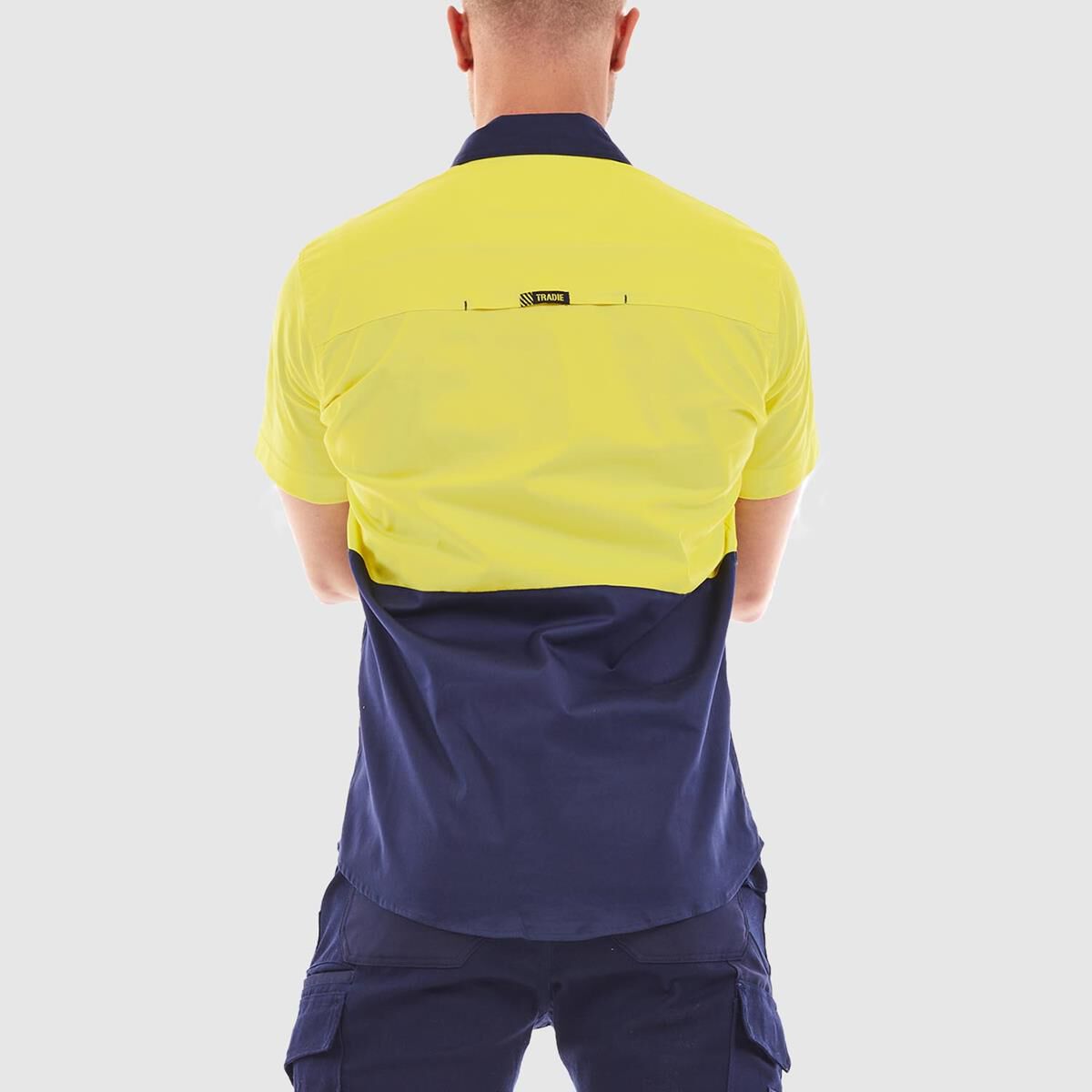 TRADIE FLEX SHORT SLEEVE SHIRT HI VIS YELLOW/NAVY 2XL, , scaau_hi-res
