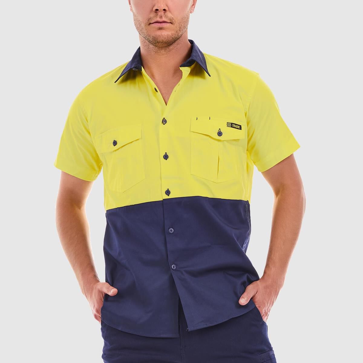 TRADIE FLEX SHORT SLEEVE SHIRT HI VIS YELLOW/NAVY 3XL, , scaau_hi-res
