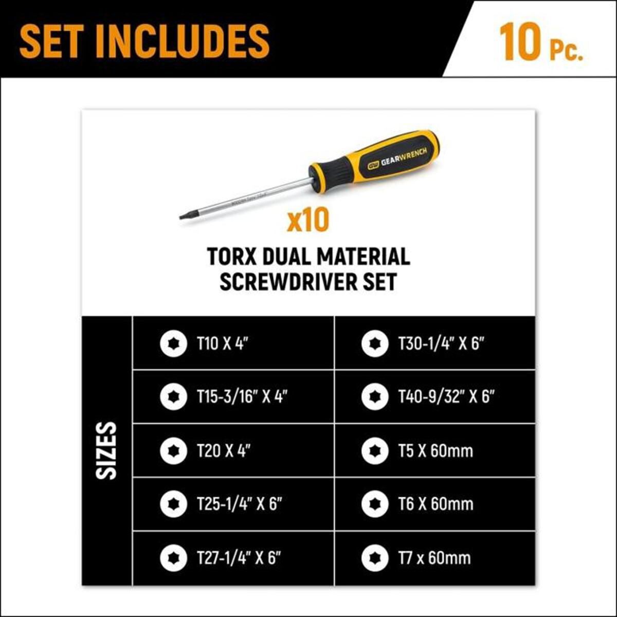 10 PIECE TORX&reg; DUAL MATERIAL SCREWDRIVER SET IN FOAM STORAGE TRAY, , scaau_hi-res