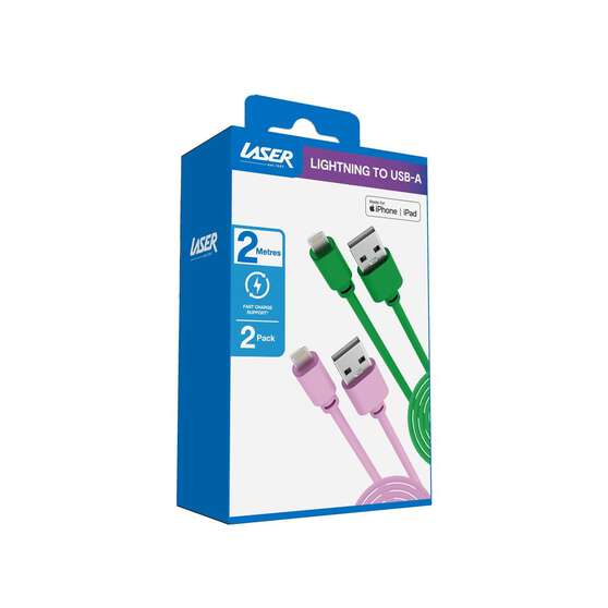 LASER MFI LIGHTNING CABLE 2 PACK – PINK/GREEN, 2M, FAST CHARGE & SYNC, , scaau_hi-res