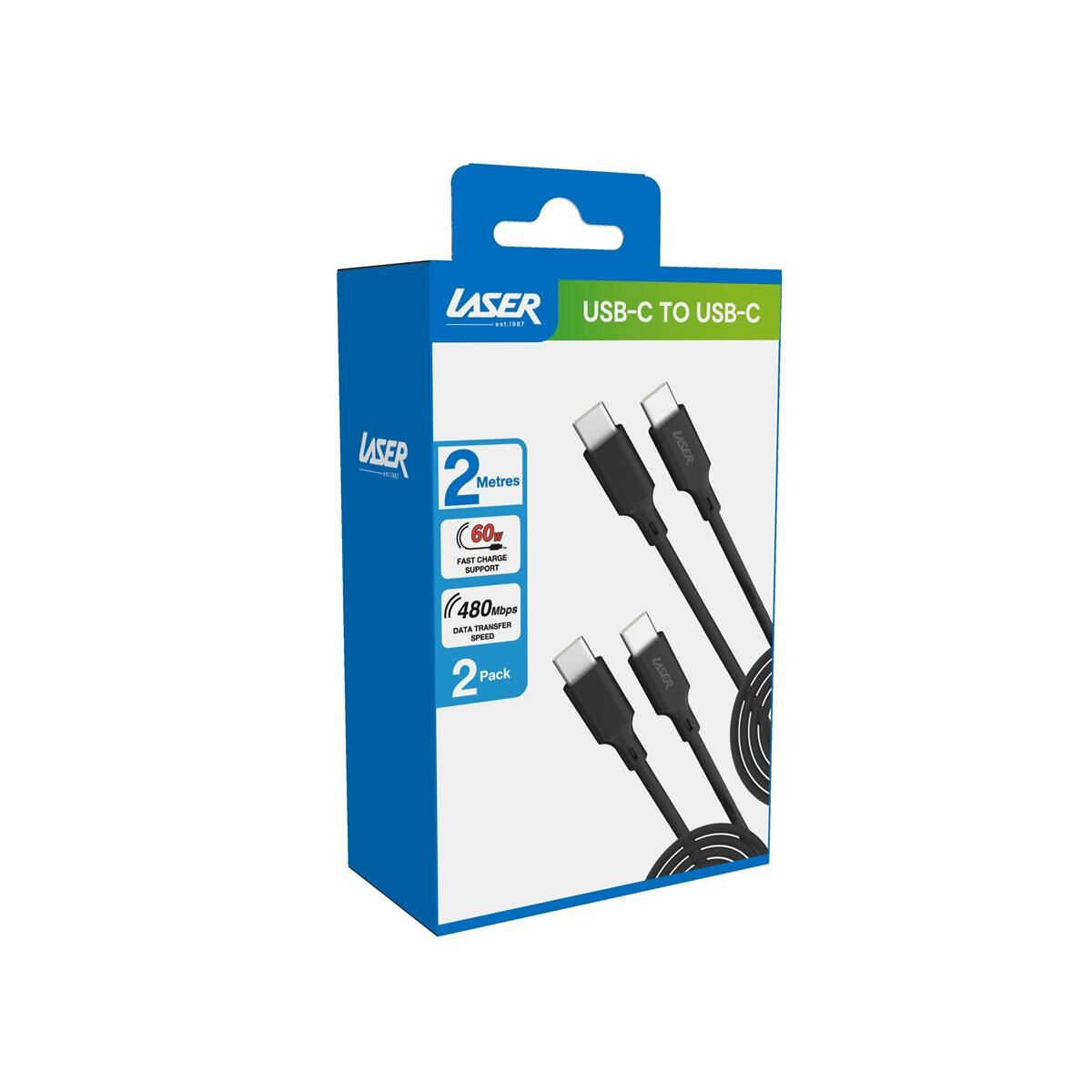 LASER 60W USB-C TO USB-C CABLE BLACK 2 PACK 2M | FAST CHARGE & DURABLE, , scaau_hi-res
