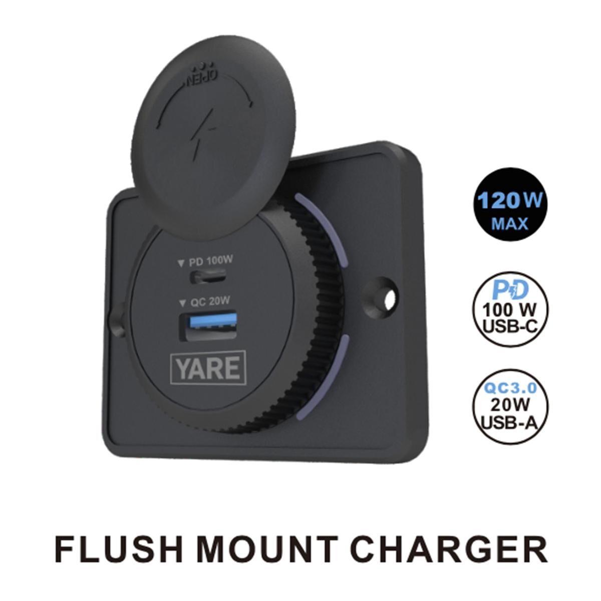 YARE 12/24V DUAL USB CHARGER 1xC/A Output 100/20W BLACK, , scaau_hi-res