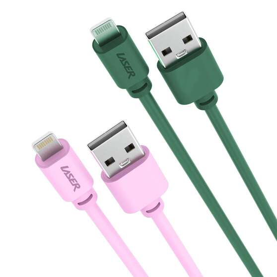 LASER MFI LIGHTNING CABLE 2 PACK – PINK/GREEN, 2M, FAST CHARGE & SYNC, , scaau_hi-res