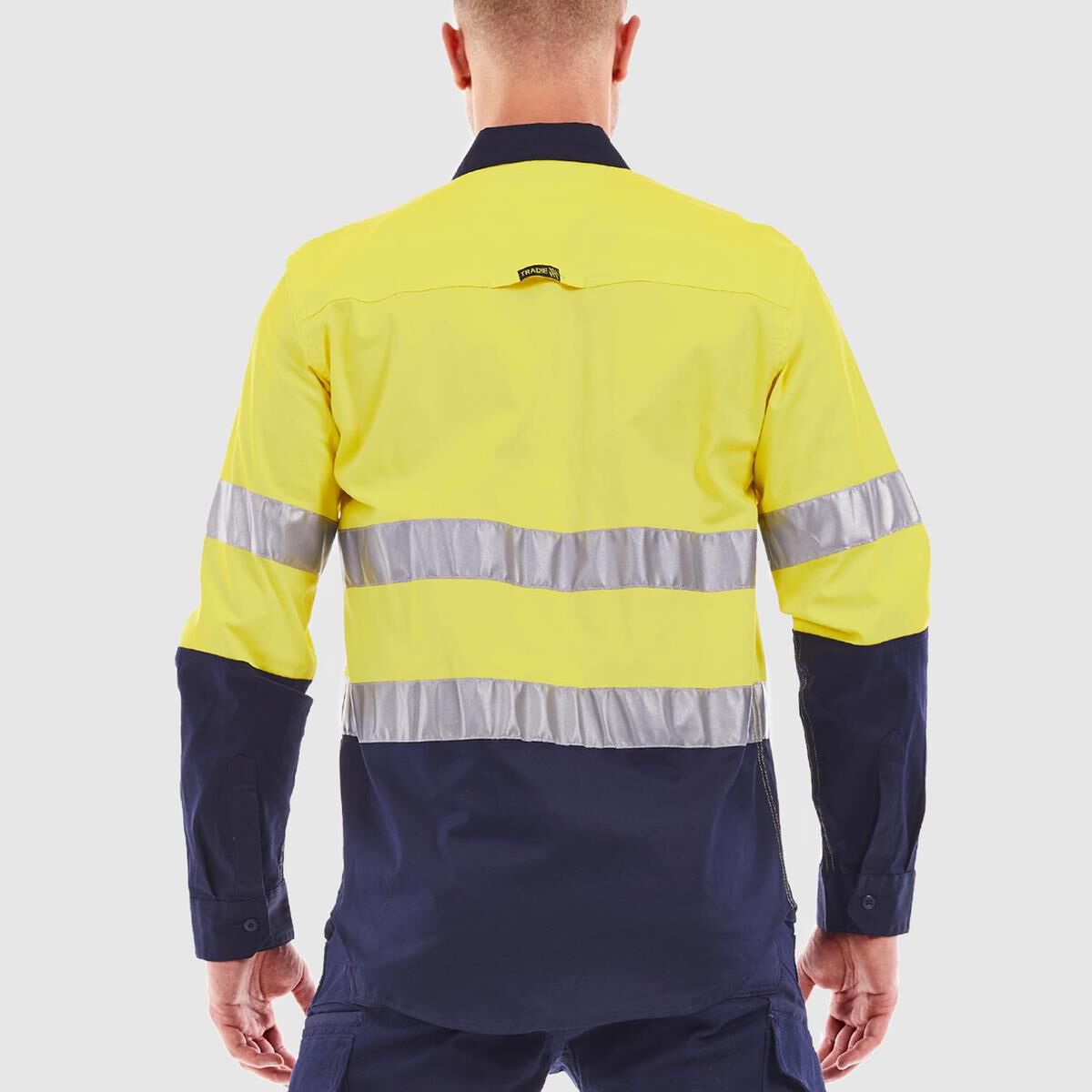 TRADIE LONG SLEEVE REFLECTIVE SHIRT HI VIS YELLOW/NAVY 3XL, , scaau_hi-res