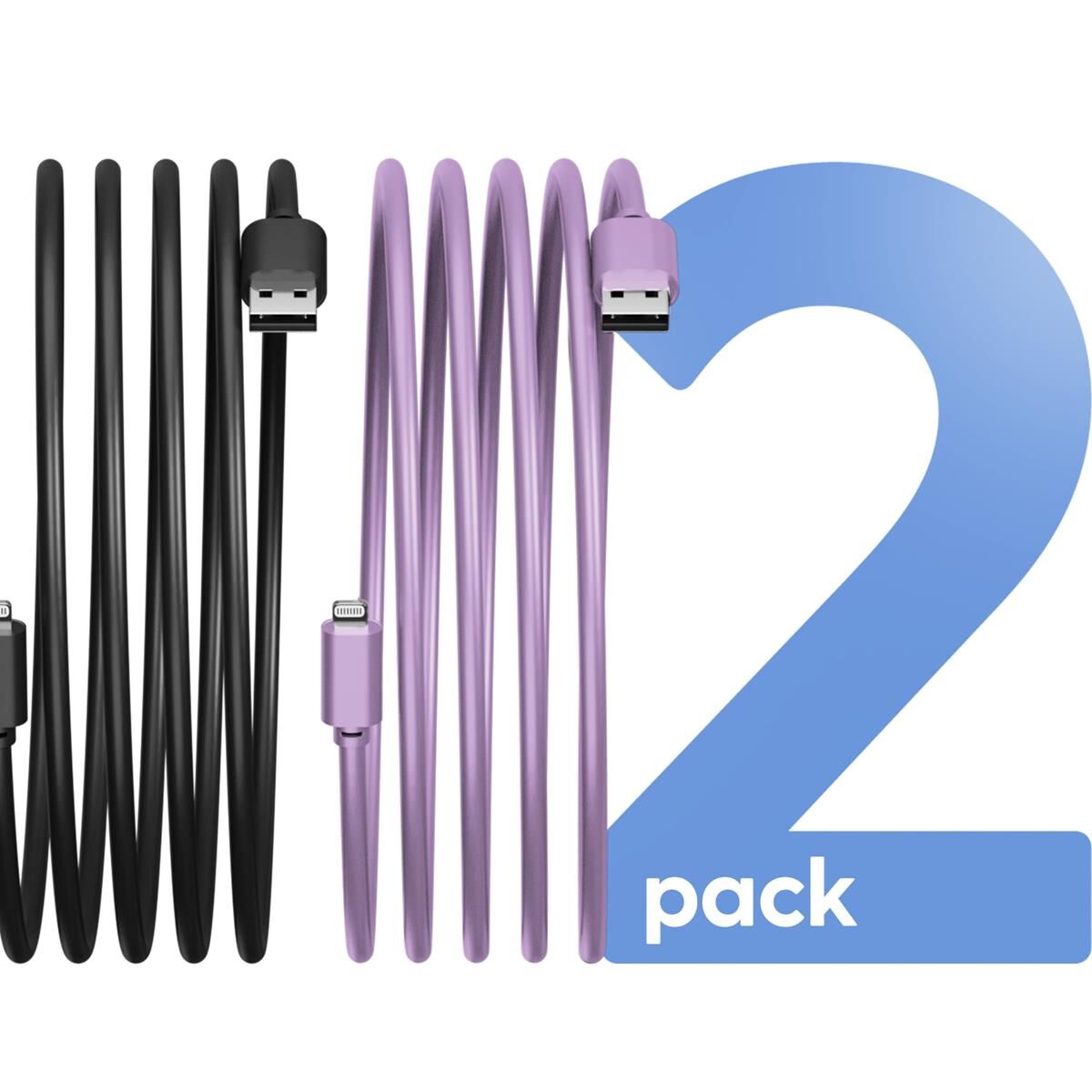 LASER MFI LIGHTNING CABLE 2 PACK &ndash; 2M, FAST CHARGE, BLACK/PURPLE, APPLE CERTIFIED, , scaau_hi-res