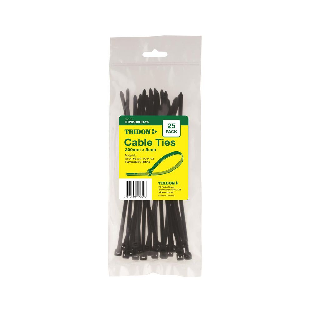 Tridon Cable Ties Black, 200mm, 25 Pack, 5mm, CT205BKCD25