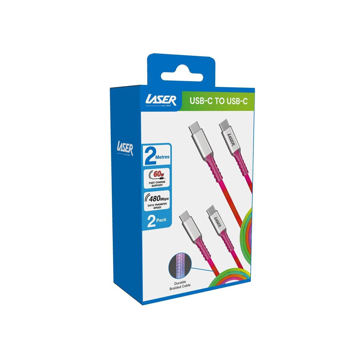 LASER USB-C TO USB-C BRAIDED CABLE - RAINBOW 2 PACK 2M | FAST CHARGE & DURABLE, , scaau_hi-res