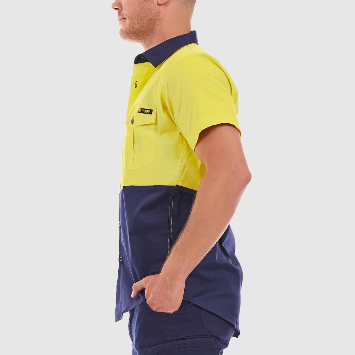 TRADIE FLEX SHORT SLEEVE SHIRT HI VIS YELLOW/NAVY XL, , scaau_hi-res