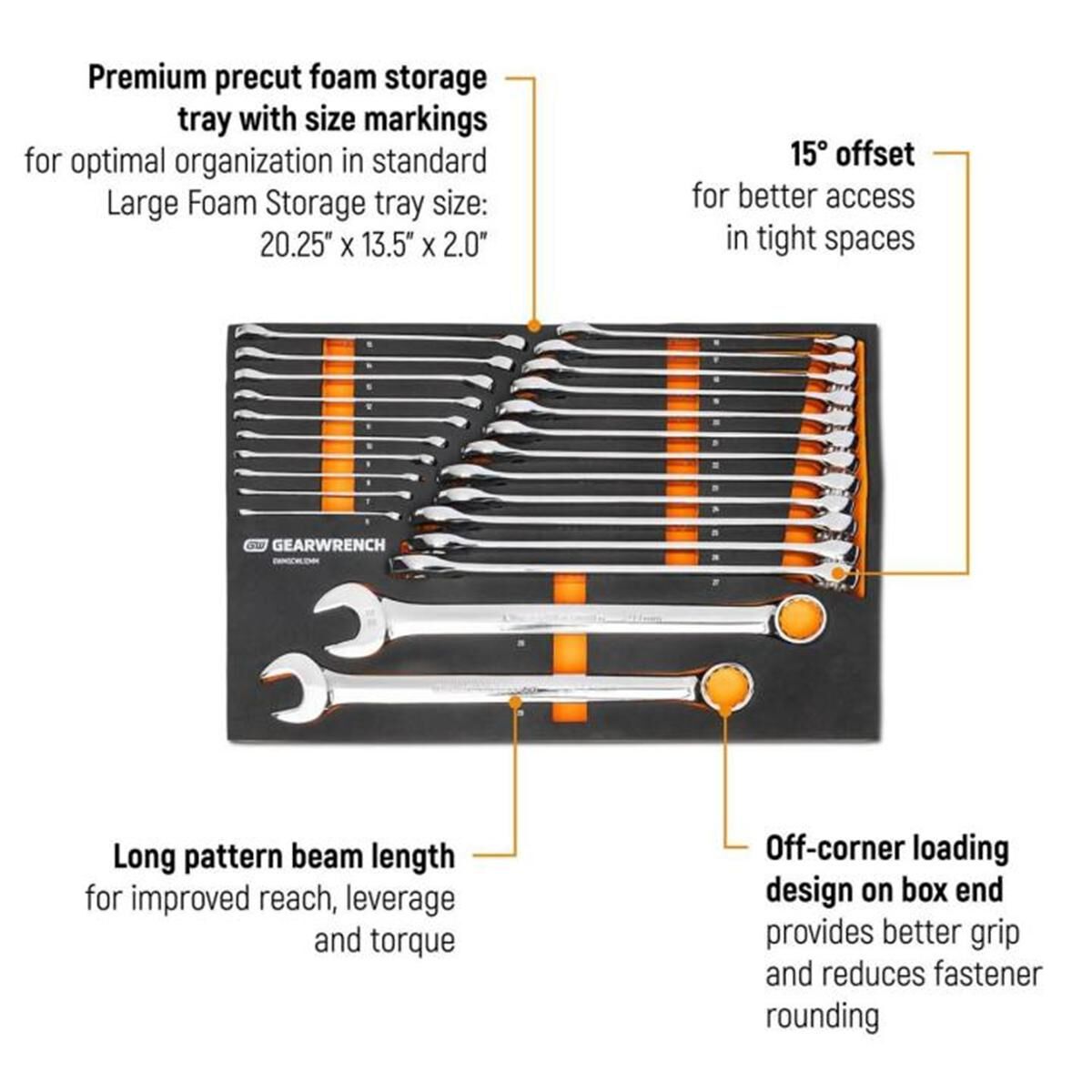 24 PIECE 12 POINT LONG PATTERN COMBINATION METRIC WRENCH SET IN FOAM STORAGE TRAY, , scaau_hi-res