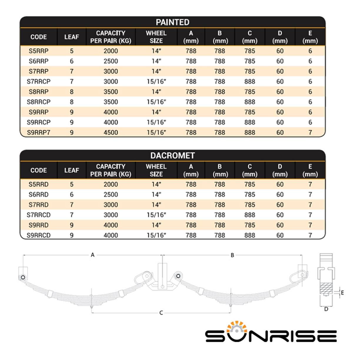 Sunrise Tandem Rocker Roller Suspension Spring Complete Assembly - 6 Leaf (2500kg Pair), 14", , scaau_hi-res