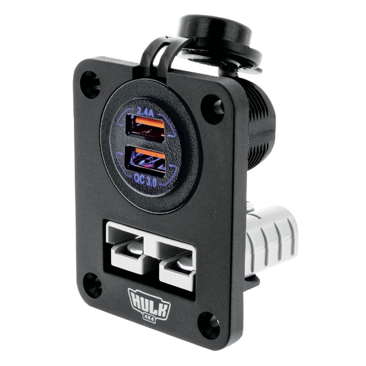 DOUBLE FLUSH MOUNT HOUSING 50amp ANDERSON STYLE PLUG & USB SOCKET BLU LED, , scaau_hi-res