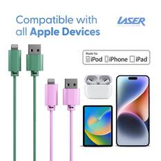 LASER MFI LIGHTNING CABLE 2 PACK – PINK/GREEN, 2M, FAST CHARGE & SYNC, , scaau_hi-res
