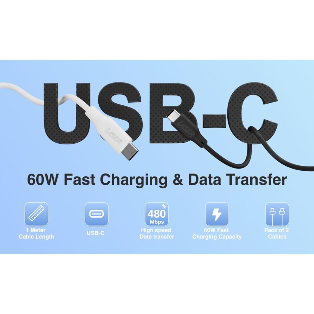 LASER 1M USB-C TO USB-C CHARGING CABLE 2 PACK &ndash; FAST CHARGE 60W, DATA SYNC, BLACK & WHITE, , scaau_hi-res