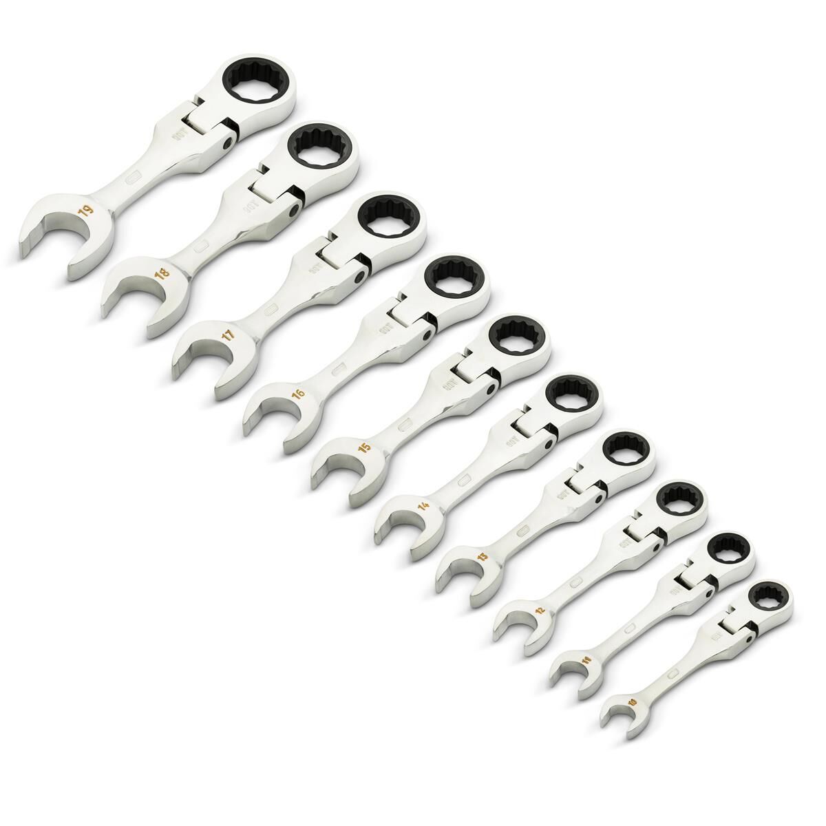 10 PIECE 90-TOOTH 12 POINT METRIC STUBBY FLEX RATCHETING COMBINATION WRENCH SET, , scaau_hi-res