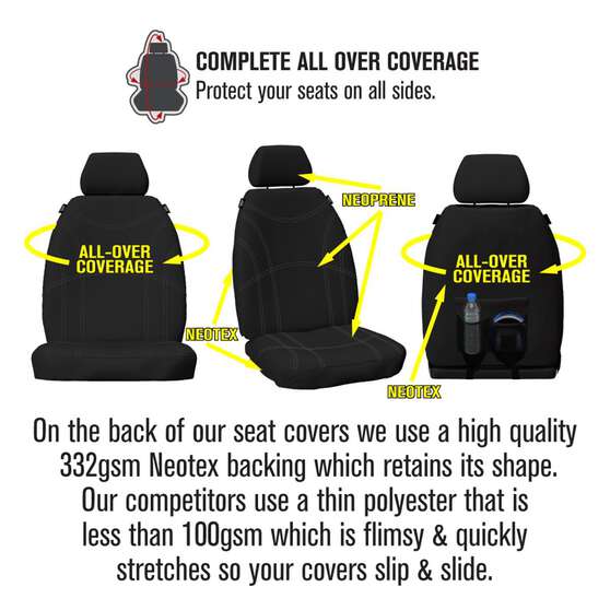 GETAWAY NEOPRENE READY MADE SEAT COVERS - FRONT WITH BLACK/SILVER STITCH, SUITS FORD RANGER, EVEREST, , scaau_hi-res