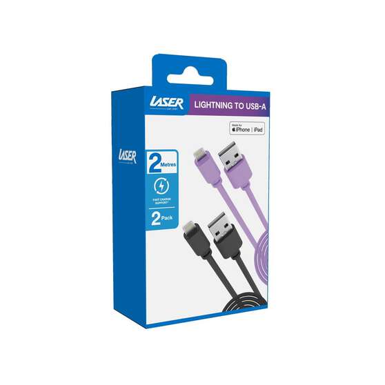 LASER MFI LIGHTNING CABLE 2 PACK – 2M, FAST CHARGE, BLACK/PURPLE, APPLE CERTIFIED, , scaau_hi-res