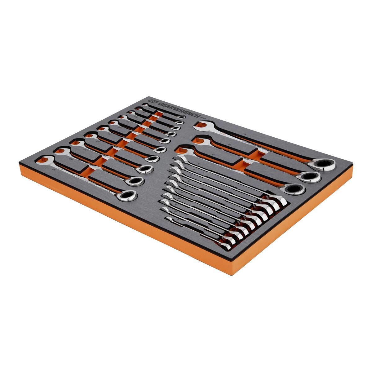 23 PIECE 90T REVERSIBLE RATCHETING WRENCH SAE/METRIC EVA TRAY SET, , scaau_hi-res