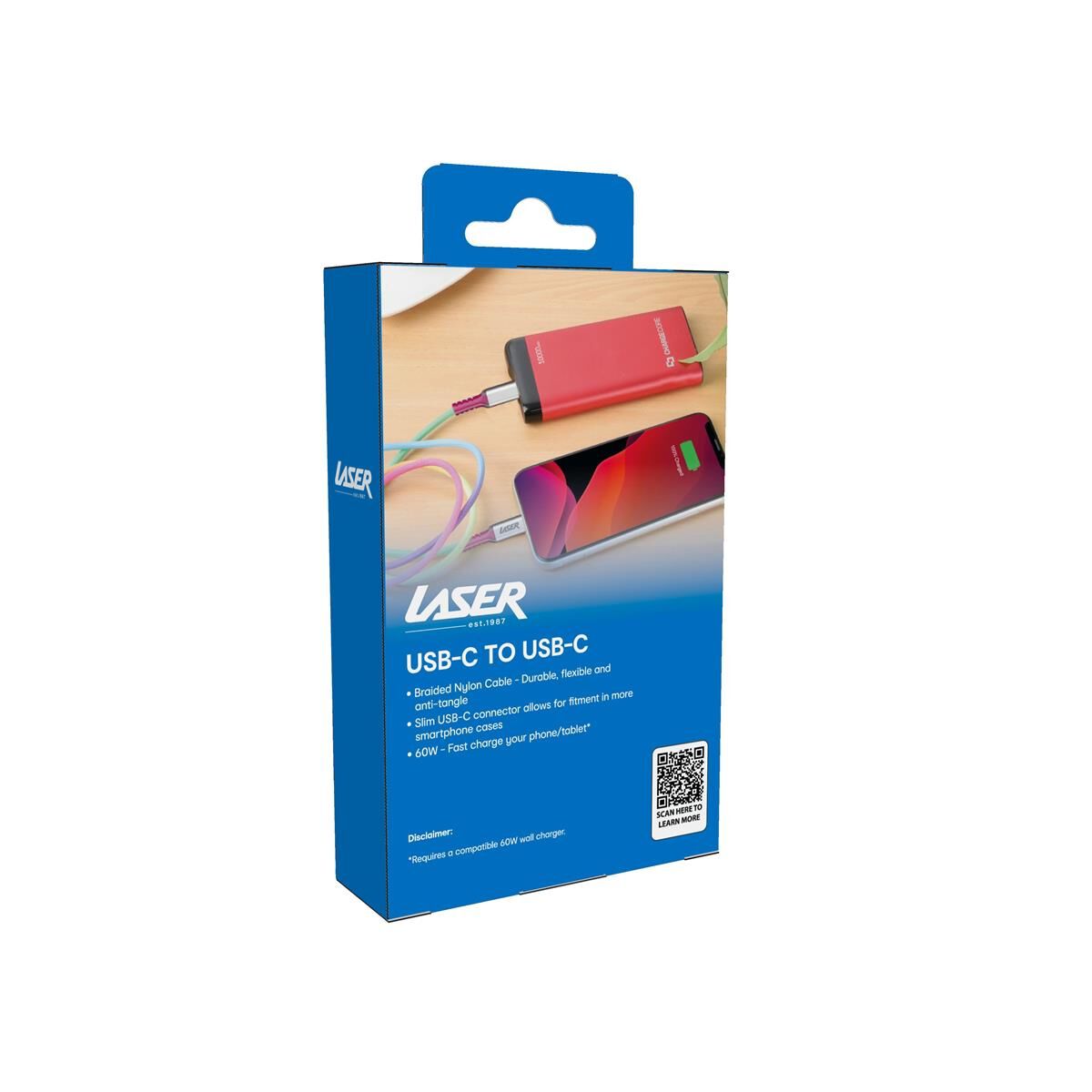 LASER USB-C CABLE RAINBOW 60W 1M &ndash; FAST CHARGING, DATA SYNC, NYLON BRAIDED, DURABLE, , scaau_hi-res