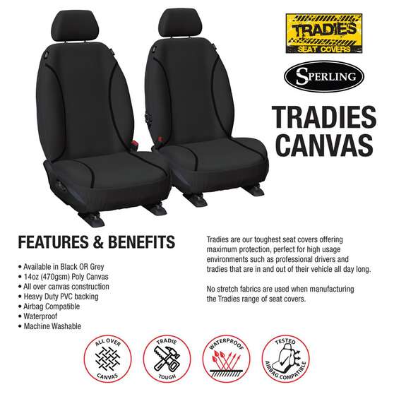TRADIES CANVAS READY MADE SEAT COVERS - FRONT, BLACK, SUITS FORD RANGER, EVEREST, , scaau_hi-res