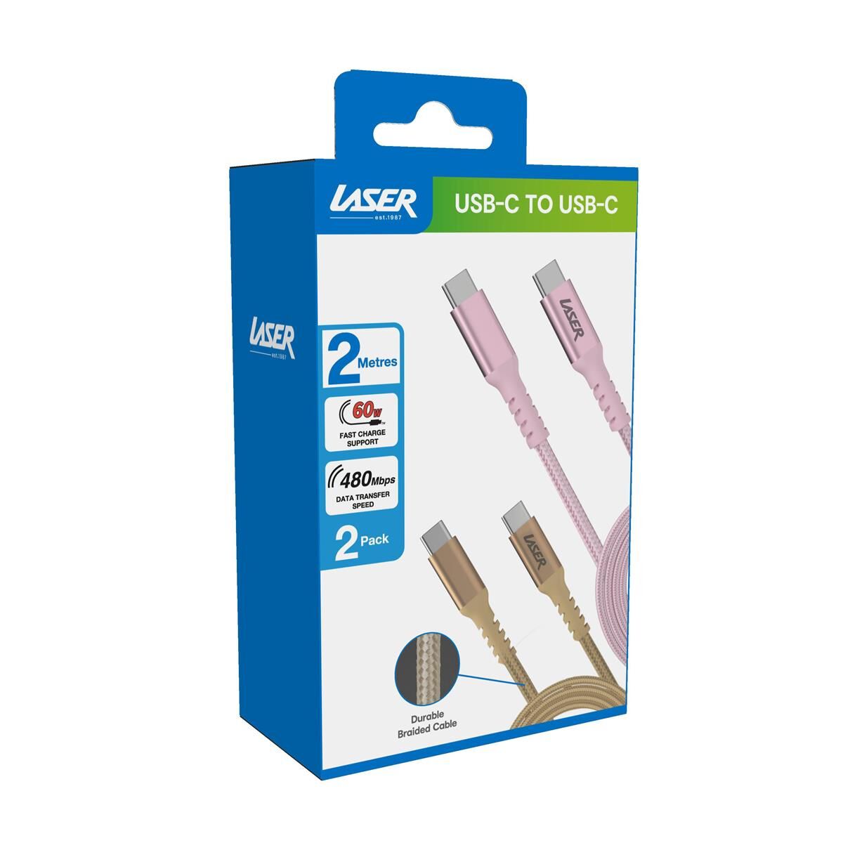 LASER USB-C TO USB-C CABLE 60W: GOLD/PINK 2 PACK 2M | FAST CHARGE & DURABLE, , scaau_hi-res