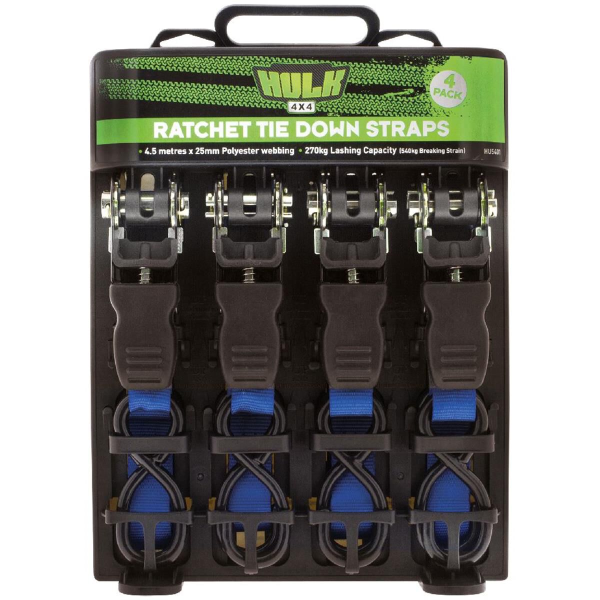 PKT 4 RATCHET TIE DOWN 4.5m 270kg LASHING 25mm BLUE, , scaau_hi-res